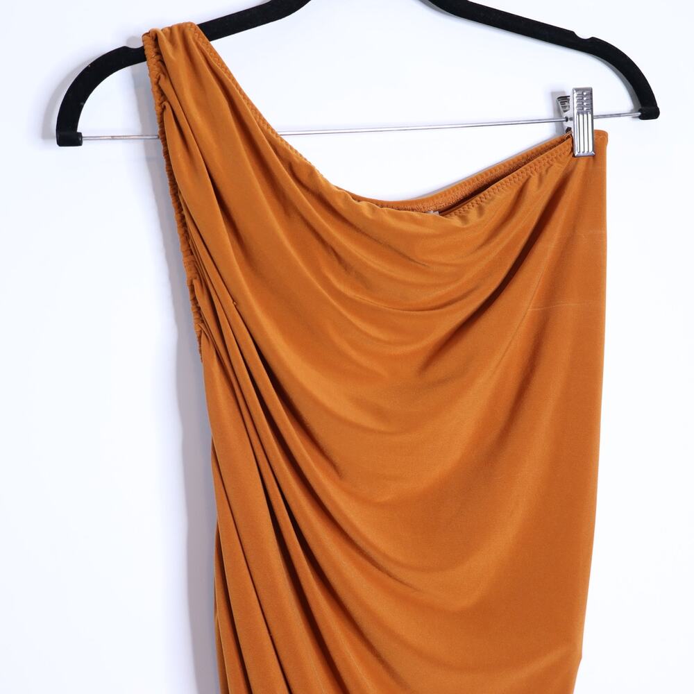 NORMA KAMALI Diana Ruched Gown Cinnamon Orange Midi Dress Women's L/40 - Picture 6 of 12